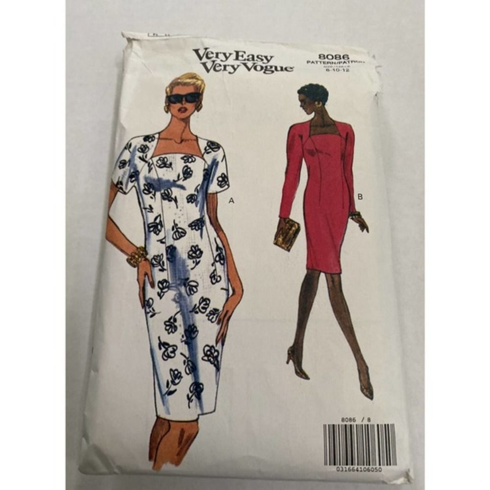 VINTAGE UNCUT VOGUE 8086. 1990s CLOSE FIT‎ STRAIGHT DRESS. SIZES 8, 10, 12.
